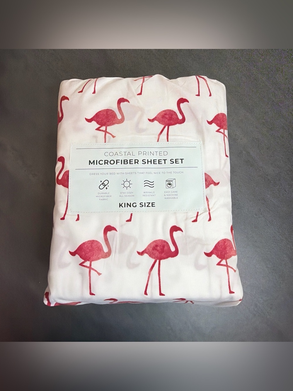 NEW Coastal Printed White Pink Flamingo Themed Microfiber Sheet Set - King Size